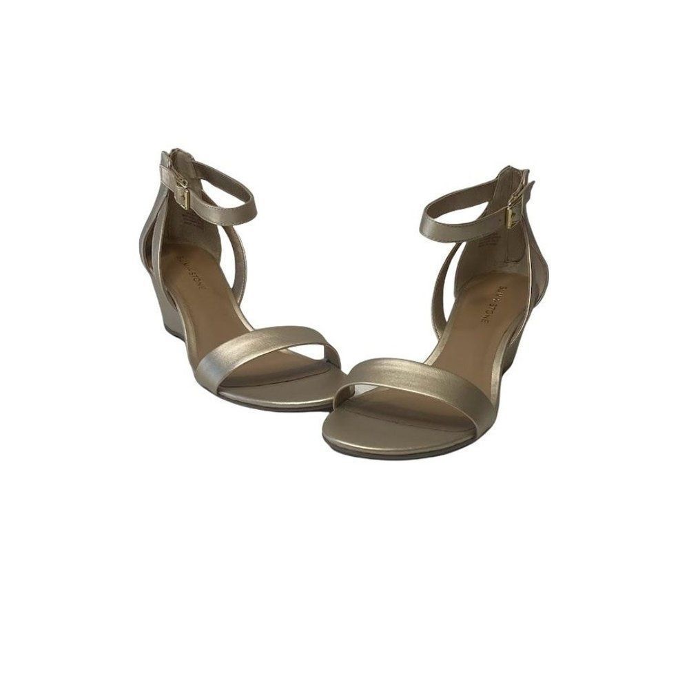 Sun + Stone Wedge Sandals Womens 11 Gold Strappy Cutout Adjustable Cushioned NEW
